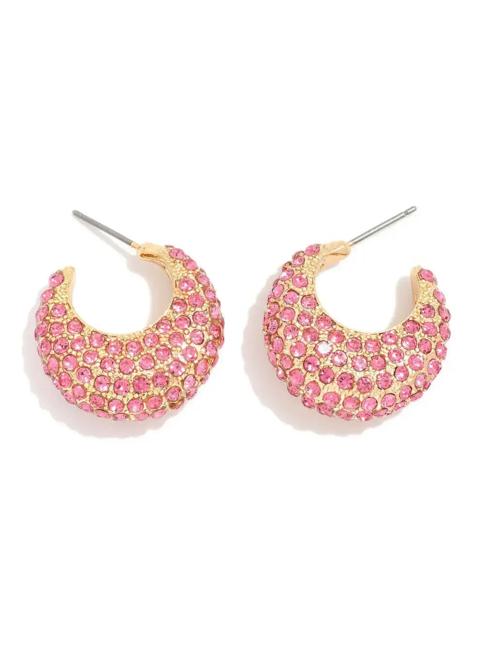Pink Rhinestone Pave Chunky Half Hoop Statement Earrings